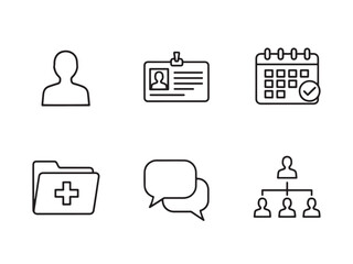 Patient Management outline icon set: user profile, ID card, appointment calendar, health file, communication bubble, patient flow chart.