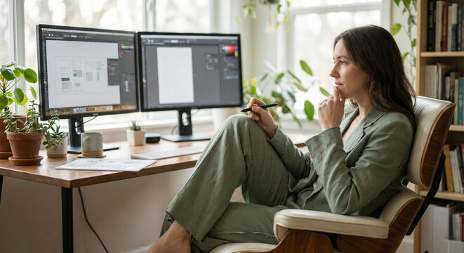 A graphic designer works thoughtfully at home with multiple screens visible - Powered by Adobe