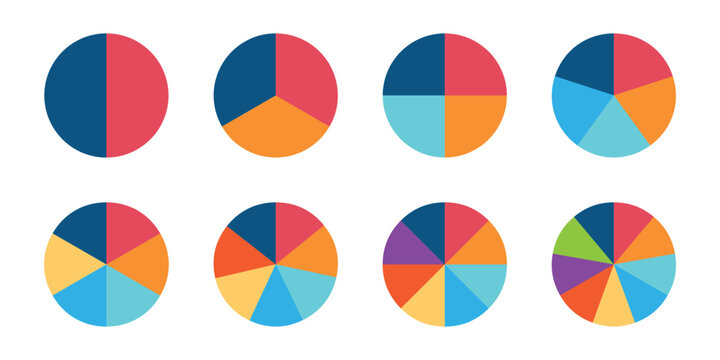 Pie chart set. Colorful diagram collection with sections or steps. 1,2,3,4,56,7,8,9,10,11,12 segment infographic. Circle pie chart diagram. Set of colorful pie charts with varying segments. eps 10