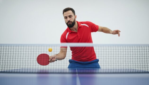 Focused bearded man in red sportswear playing table tennis, hitting a yellow ball with a paddle over the net during an intense indoor match against a white background