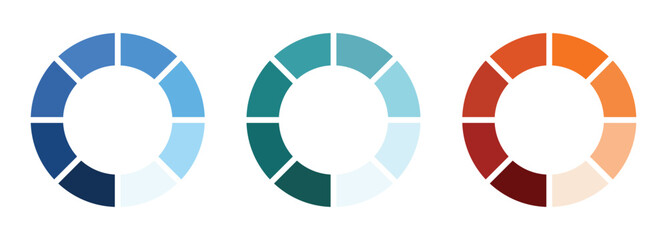 Colorful pie chart set with increasing segment count. Circle charts collection. Flat pastel design, clean geometric layout. Ideal for infographic, presentation, UI, dashboard, report, diagram