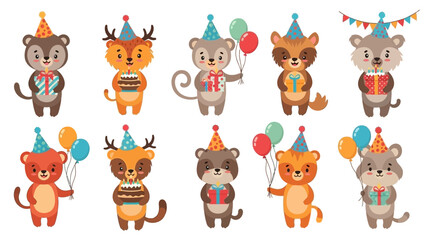 Obraz premium Adorable Woodland Animals Celebrating Birthday Party Set with Gifts, Balloons, and Cakes - Cute Cartoon Characters for Festive Design Elements
