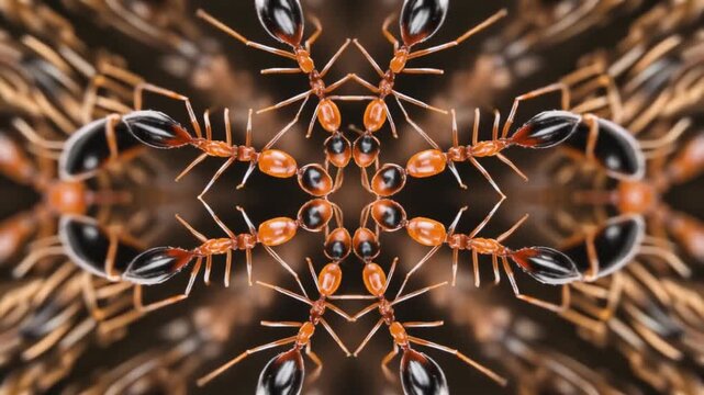 Intricate ant colony teamwork symmetry creating a dynamic, mesmerizing kaleidoscope effect with fascinating tiny insects pattern