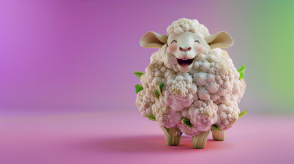 A happy sheep with a cauliflower body, standing against a flat purple background, creating a whimsical and playful scene.