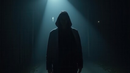 mysterious anonymous male standing in night darkness with dramatic shadows creating a tense and ominous atmosphere
