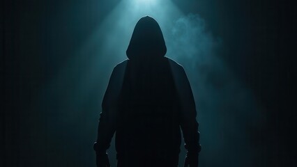 mysterious anonymous male standing in night darkness with dramatic shadows creating a tense and ominous atmosphere