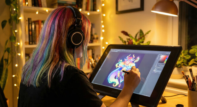 A graphic designer focuses on creating vibrant illustrations in a cozy studio setting