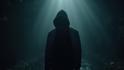 mysterious anonymous male standing in night darkness with dramatic shadows creating a tense and ominous atmosphere