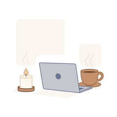 Minimal cozy workspace featuring an open laptop beside a burning candle and a steaming cup of coffee.