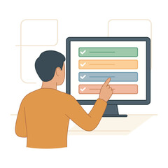 Man pointing at a computer screen displaying a colorful checklist of completed tasks.