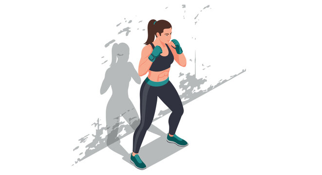 Isometric female boxer in fighting stance with shadow on grunge background