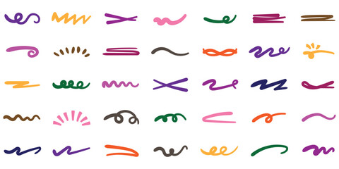 Set of hand drawn doodle lines underlines and squiggle lines, scribbles elements. Decorative doodles sketch scribble hand drawn handmade pencil pen marker set vector graphic design illustration. 
