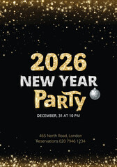 Vertical new year 2026 party poster in black with gold and silver glitter lettering and glowing sparkles. Ideal for social media posts, festive vertical layouts and holiday event promo.