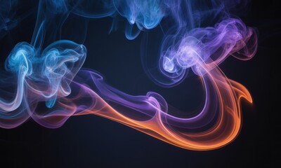 Abstract swirling smoke in vibrant hues of blue, purple, and orange against a dark background