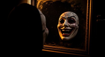 Reflected Carnival Mask Grin in Antique Mirror — Dark Creepy Reflection