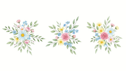 Obraz premium Beautiful floral arrangements of daisies and roses with green leaves, perfect for spring and summer designs