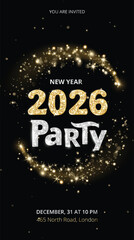 Vertical new year 2026 party poster in black with glowing gold sparkles and silver glitter lettering. Ideal for social media vertical stories, festive graphics and holiday event promotions.