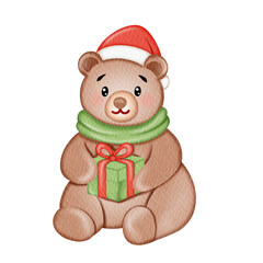 Cute Woodland bear Christmas Watercolor.