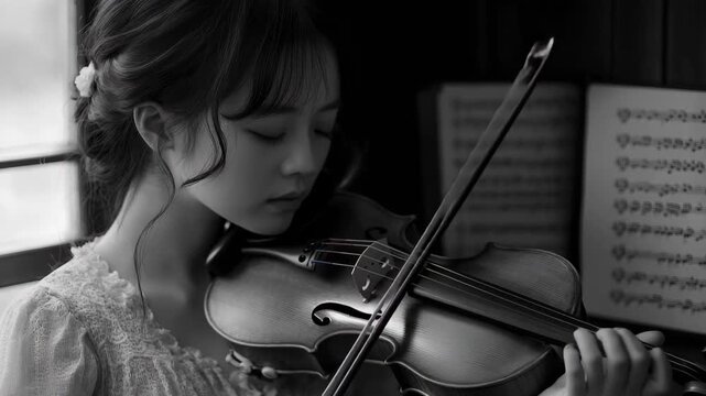 A classic violin and flowing musical scores evoke, A traditional violin accompanied by elegant musical scores