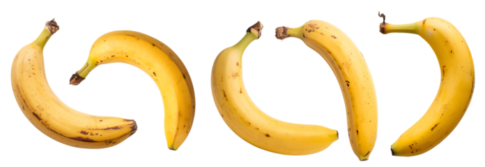 Five yellow bananas arranged in a curved line isolated on transparent background