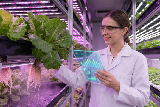 Woman in lab coat checks data while caring for lettuce plants in a neon-lit environment - Powered by Adobe