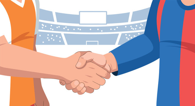 Handshake between soccer players in stadium background