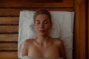 Young woman relaxing in hot sauna in towel. Girl In Sauna. Interior of Finnish sauna, classic wooden steam room. Woman lies on wooden bench in sauna. Relax in hot Bathhouse with steam. View from above