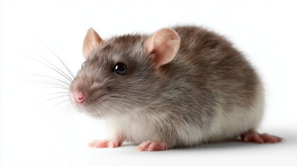 Cute gray rat with pink ears sitting on a white surface in a studio setting