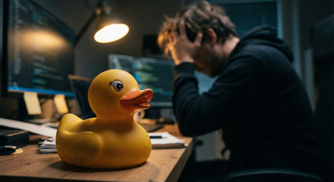 A tired man sits at his desk frustrated with coding while a rubber duck watches