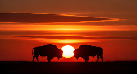 Fototapeta premium Bison silhouettes against a fiery sunset, symbolizing the American West.