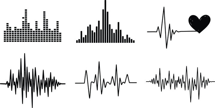 Collection of diverse sound wave and heartbeat graph illustrations showcasing auditory and vital signs