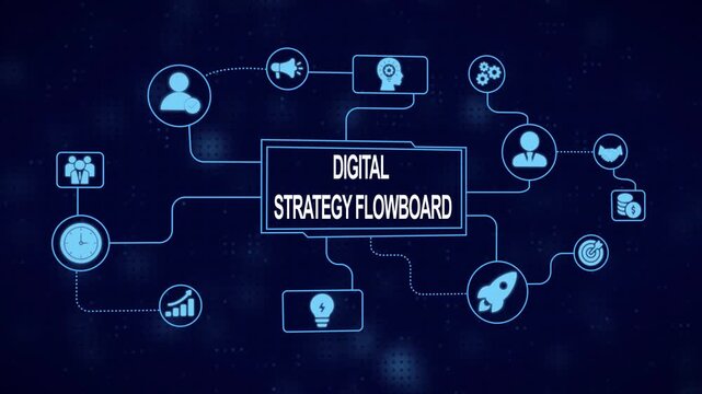 Digital Strategy Flowboard with Icons and Connections on a Futuristic Digital Grid flowchart diagram