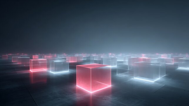 Abstract glowing cube structures floating brightly in dark futuristic void