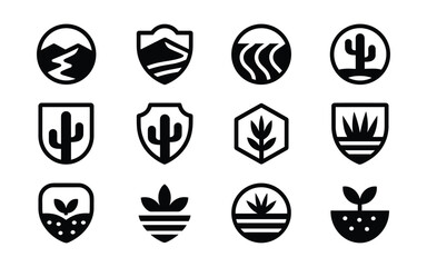Desert landscape, cactus badge, drought symbol, seedling growth and agriculture soil icon collection in bold silhouette style