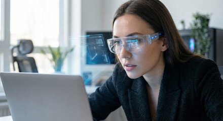 A person focuses on data displayed through smart glasses while using a laptop