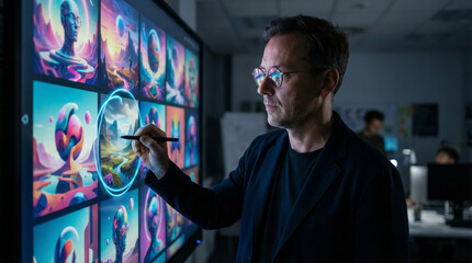 A creative professional draws on a digital screen in a design studio evening setting