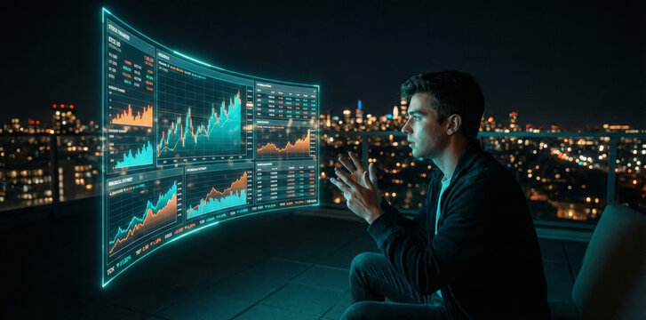 Man engages with a holographic trading screen while viewing a city skyline at night