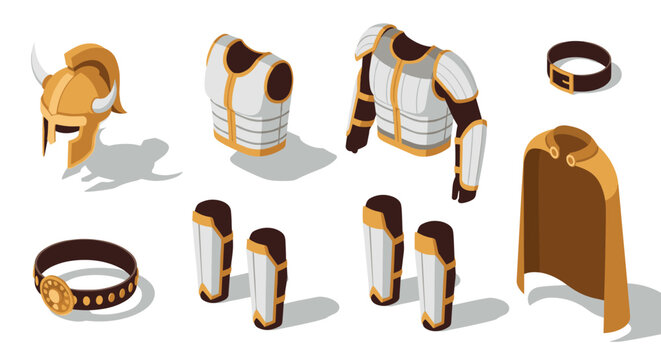 Isometric medieval armor set with golden details and viking helmet on white background