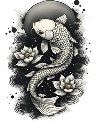 Elegant Koi Fish and Lotus Flowers in Monochrome Ink Illustration.