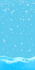 Obraz premium Realistic cartoon snow hills with falling snowflakes and blue sky vertical background. Winter vertical landscape design element with blue snow. Minimal nature composition snowy fields and falling snow