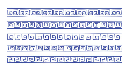 Greek doodle seamless border. Roman hand drawn ornament line. Doodle decoration ancient pattern. Handdrawn Greek ethnic repeat stripe. Vector illustration isolated on white background.