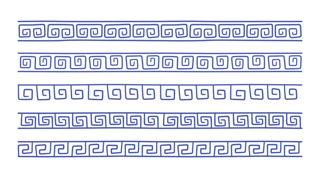 Greek doodle seamless border. Roman hand drawn ornament line. Doodle decoration ancient pattern. Handdrawn Greek ethnic repeat stripe. Vector illustration isolated on white background.