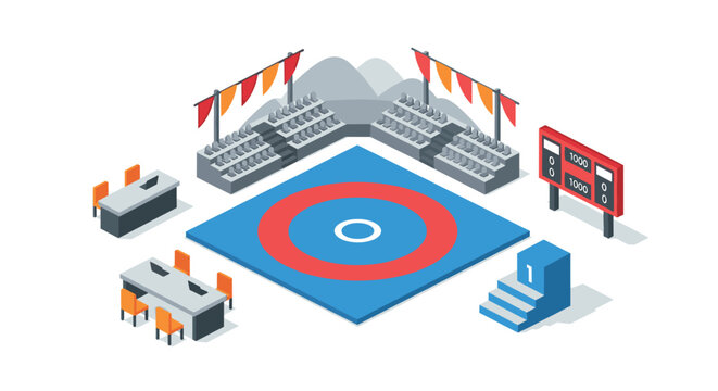Isometric sports arena with ring, spectator stands, and scoreboards for competitions