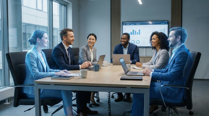 Participants hold a hologram conference in a modern office to discuss projects