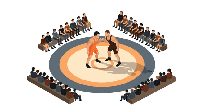 Isometric wrestling match with spectators in an arena setting