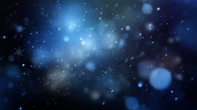 Blue background with falling snow, soft bokeh lights, glowing circles and shimmering particles forming a dreamy winter scene ideal for festive designs, abstract themes and digital creative projects