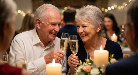 Senior couple smiles while toasting at their anniversary dinner surrounded by friends