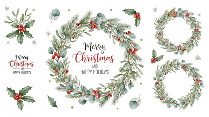 Watercolor holiday illustration set featuring festive Christmas wreaths, holly berries, and eucalyptus leaves