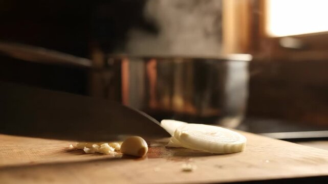 Onions and garlic on a cutting board with pot in background