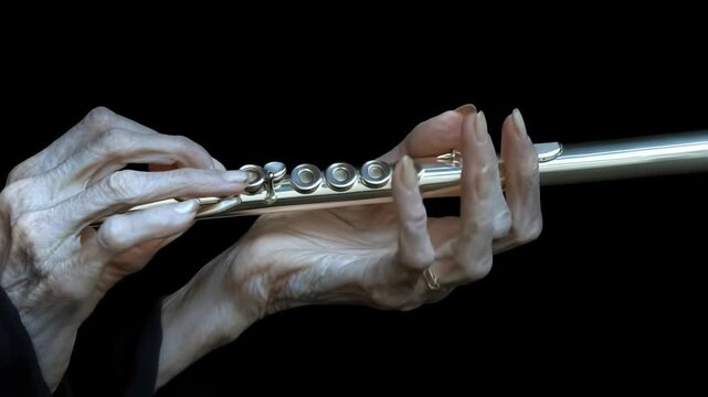 A flutist's hands play a silver flute in a performance, Delicate Hands Command a Silver Flute, Creating a Flow of Music That Enchants the Audience